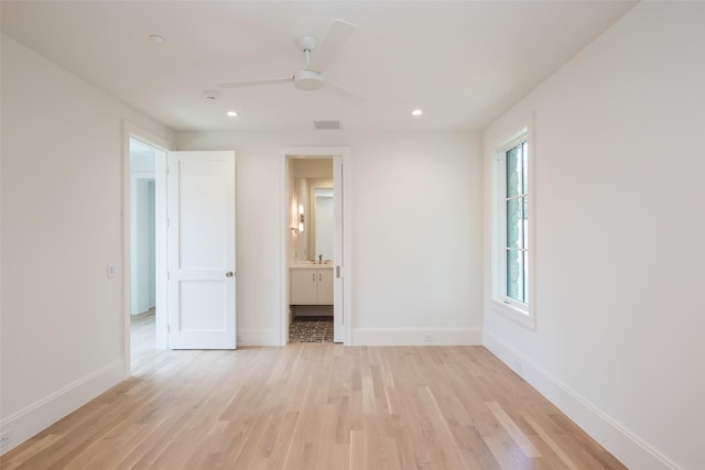 3725 Stratford Ave, Highland Park, TX 75205 - unfurnished bedroom with light wood finished floors, recessed lighting, a ceiling fan, and ensuite bathroom