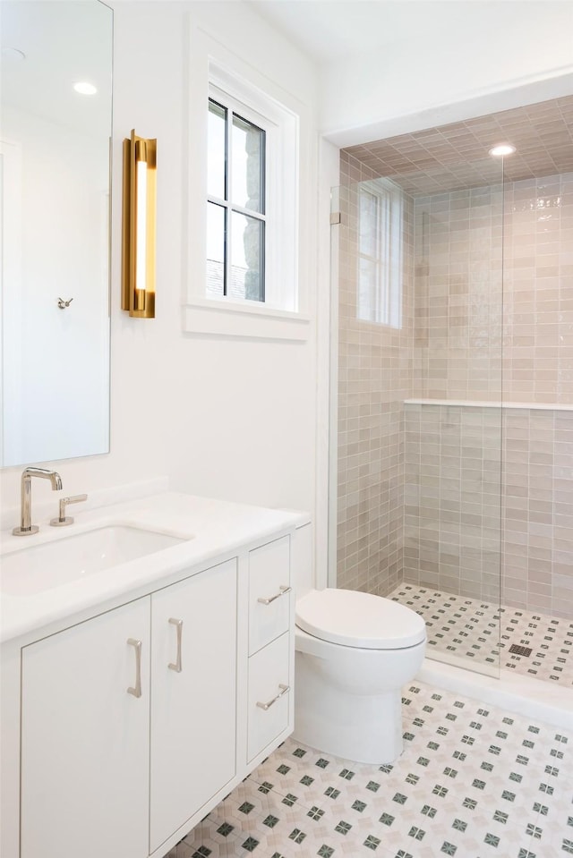 3725 Stratford Ave, Highland Park, TX 75205 - bathroom with vanity, a stall shower, healthy amount of natural light, and tile patterned flooring
