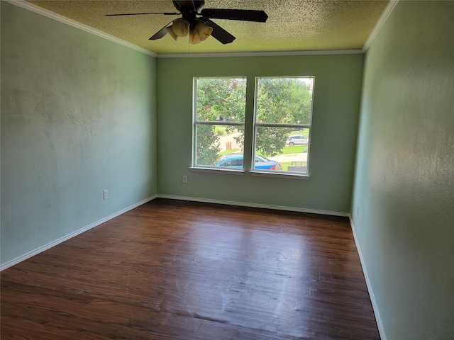 2001 Mark Twain Ln, Denton, TX 76210 - unfurnished room with a ceiling fan, crown molding, dark wood finished floors, and a textured ceiling