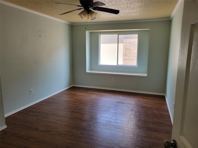 2001 Mark Twain Ln, Denton, TX 76210 - empty room with crown molding, a textured ceiling, ceiling fan, and dark wood finished floors