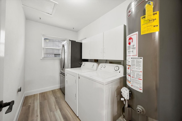 2207 English Dr, Garland, TX 75041 - laundry room with gas water heater, washing machine and dryer, cabinet space, light wood-style flooring, and attic access