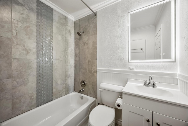 2207 English Dr, Garland, TX 75041 - full bath featuring crown molding,  shower combination, a wainscoted wall, vanity, and a textured wall