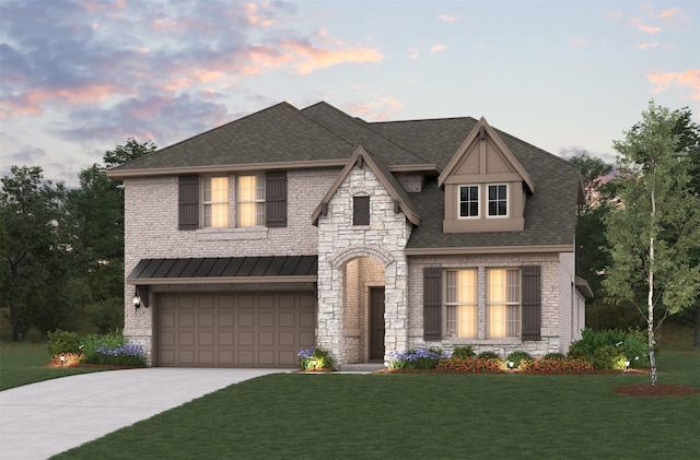 2420 Bernham Dr, Celina, TX 75009 - view of front of house featuring stone siding, driveway, a front yard, an attached garage, and roof with shingles