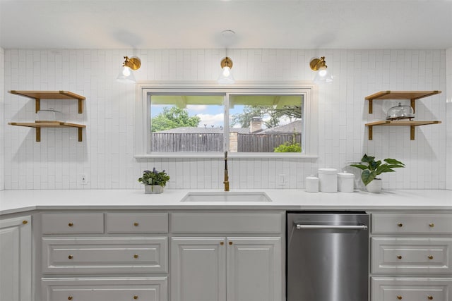 6805 Benito Ct, Fort Worth, TX 76126 - kitchen with open shelves, stainless steel dishwasher, and light countertops