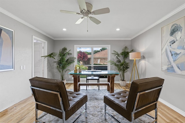 6805 Benito Ct, Fort Worth, TX 76126 - office area with light wood-style floors, recessed lighting, ceiling fan, and ornamental molding