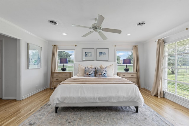 6805 Benito Ct, Fort Worth, TX 76126 - bedroom featuring crown molding, light wood-type flooring, ceiling fan, and recessed lighting