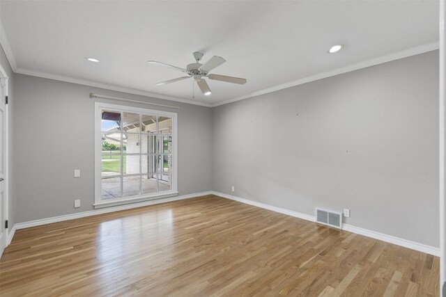 6805 Benito Ct, Fort Worth, TX 76126 - unfurnished room with light wood-type flooring, ceiling fan, ornamental molding, and recessed lighting