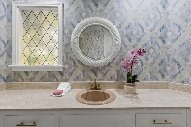 6805 Benito Ct, Fort Worth, TX 76126 - bathroom with wallpapered walls and vanity