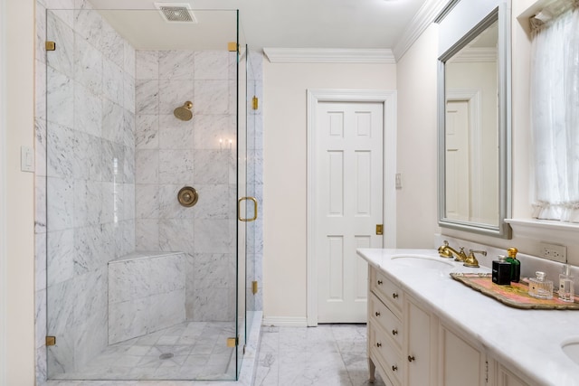 6710 Meadowcreek Dr, Dallas, TX 75254 - bathroom with a stall shower, double vanity, ornamental molding, and marble finish flooring