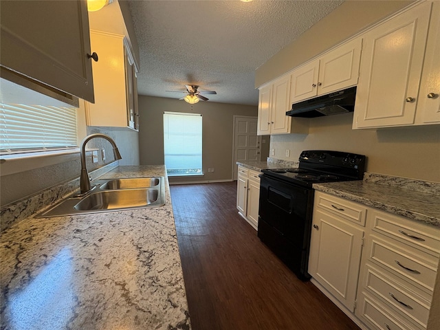 2209 Viewtop Ln Unit 2, Arlington, TX 76012 - kitchen with black electric range, under cabinet range hood, plenty of natural light, ceiling fan, and a textured ceiling