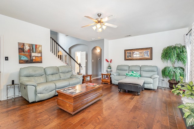 2715 Forest Lake Dr, Grand Prairie, TX 75052 - living room with arched walkways, a ceiling fan, hardwood / wood-style flooring, and stairs