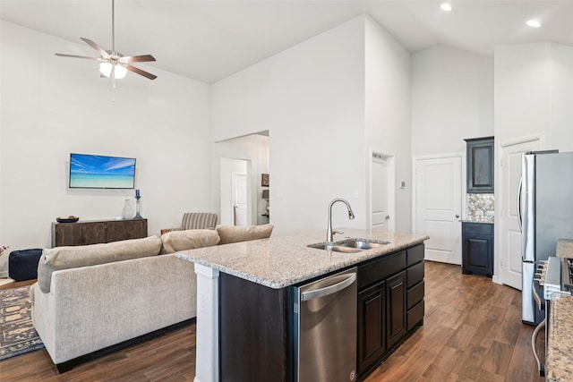 8901 Thompson Rd, Argyle, TX 76226 - kitchen featuring stainless steel appliances, high vaulted ceiling, open floor plan, ceiling fan, and dark wood-style flooring