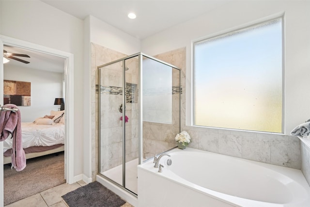 8901 Thompson Rd, Argyle, TX 76226 - ensuite bathroom with a bath, a stall shower, tile patterned flooring, and a ceiling fan