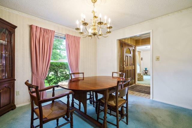 315 Ridgewood Dr, Richardson, TX 75080 - carpeted dining area featuring a chandelier, wallpapered walls, a textured ceiling, and ornamental molding