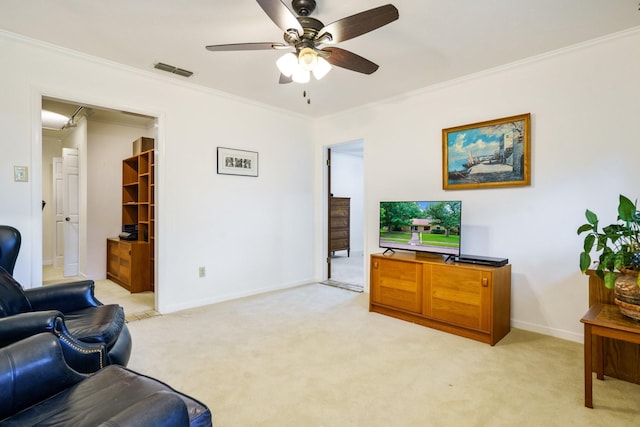 315 Ridgewood Dr, Richardson, TX 75080 - living room featuring crown molding, light colored carpet, and ceiling fan