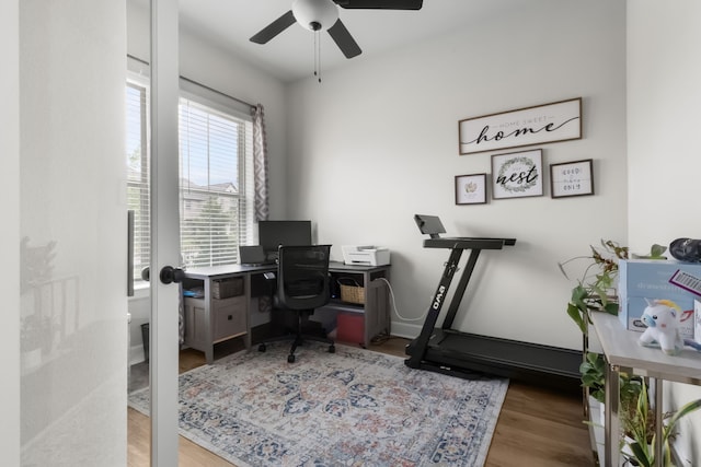 711 Prairie Falcon Dr, Arlington, TX 76005 - office area with a ceiling fan and wood finished floors