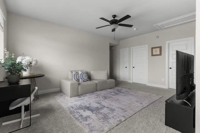 711 Prairie Falcon Dr, Arlington, TX 76005 - living area with ceiling fan, carpet, and attic access