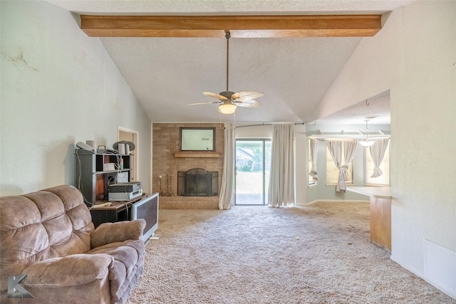 3826 Crest Way, Abilene, TX 79606 - carpeted living room featuring beam ceiling, a ceiling fan, a brick fireplace, and high vaulted ceiling