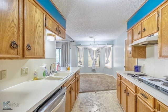 3826 Crest Way, Abilene, TX 79606 - kitchen with under cabinet range hood, stainless steel dishwasher, light countertops, a textured ceiling, and light carpet