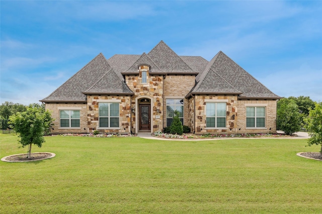 4513 Donnoli Dr, Flower Mound, TX 75022 - french country home featuring roof with shingles, a front yard, brick siding, and stone siding