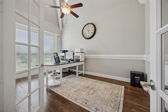 4513 Donnoli Dr, Flower Mound, TX 75022 - office area featuring dark wood-style floors, ceiling fan, and lofted ceiling