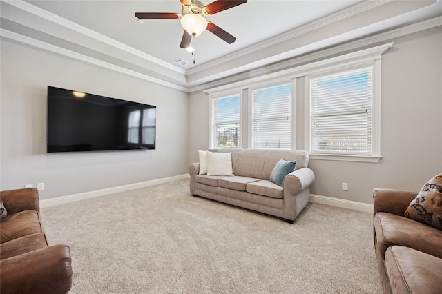 4513 Donnoli Dr, Flower Mound, TX 75022 - living area featuring ornamental molding, carpet, a raised ceiling, and ceiling fan