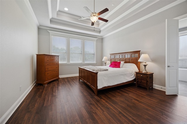 4513 Donnoli Dr, Flower Mound, TX 75022 - bedroom with multiple windows, dark wood-style flooring, ornamental molding, a raised ceiling, and ceiling fan