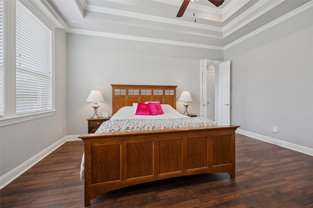 4513 Donnoli Dr, Flower Mound, TX 75022 - bedroom with a tray ceiling, dark wood-style floors, crown molding, and ceiling fan