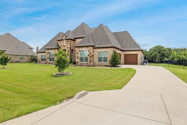 4513 Donnoli Dr, Flower Mound, TX 75022 - french provincial home with concrete driveway, a garage, roof with shingles, stone siding, and brick siding