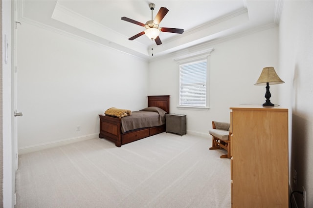 4513 Donnoli Dr, Flower Mound, TX 75022 - bedroom with a tray ceiling, crown molding, light carpet, and ceiling fan