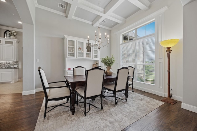 4513 Donnoli Dr, Flower Mound, TX 75022 - dining area featuring a chandelier, beamed ceiling, dark wood-type flooring, coffered ceiling, and recessed lighting