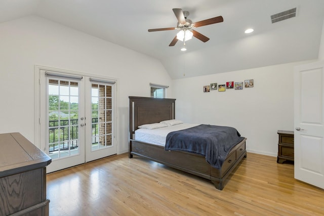 2464 Castle Ridge Dr, Richardson, TX 75080 - bedroom with vaulted ceiling, access to exterior, light wood-style floors, french doors, and recessed lighting