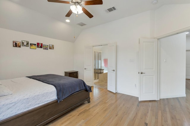 2464 Castle Ridge Dr, Richardson, TX 75080 - bedroom featuring vaulted ceiling, light wood-type flooring, ensuite bath, a ceiling fan, and recessed lighting