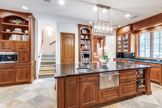 5800 Armstrong Pkwy, University Park, TX 75205 - kitchen with open shelves, a warming drawer, oven, brown cabinetry, and recessed lighting
