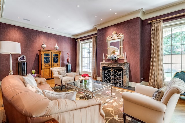 5800 Armstrong Pkwy, University Park, TX 75205 - living area with wood finished floors, healthy amount of natural light, crown molding, a high end fireplace, and recessed lighting