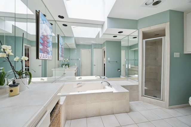 240 Shady Hill Dr, Richardson, TX 75080 - bathroom with tile patterned floors, vanity, a shower stall, and a bath