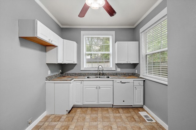 1301 W 2nd Ave, Corsicana, TX 75110 - kitchen with dishwasher, plenty of natural light, ceiling fan, white cabinetry, and ornamental molding
