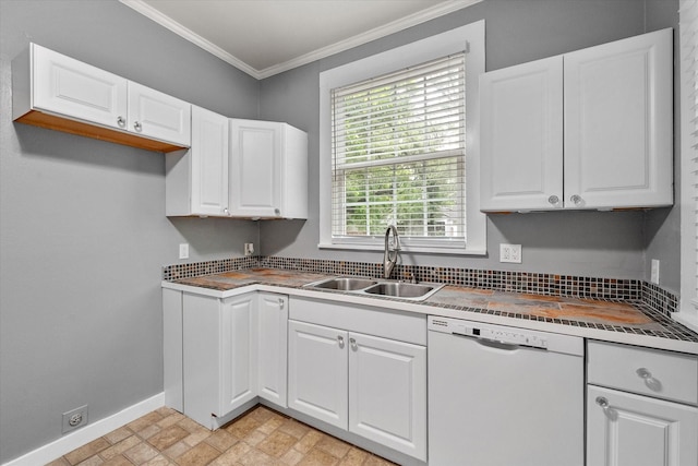 1301 W 2nd Ave, Corsicana, TX 75110 - kitchen featuring dishwasher, crown molding, white cabinetry, and butcher block counters