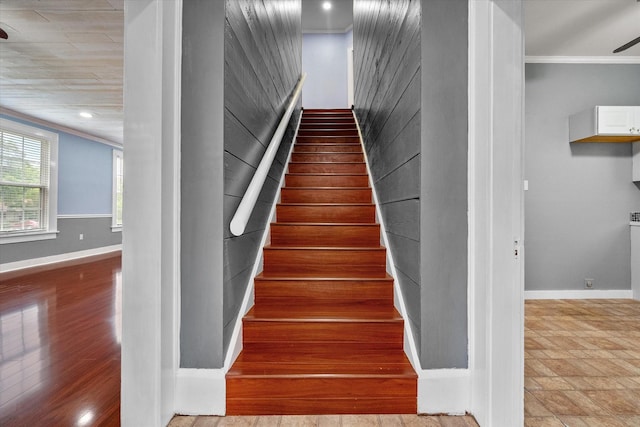 1301 W 2nd Ave, Corsicana, TX 75110 - stairway featuring ornamental molding, recessed lighting, and ceiling fan