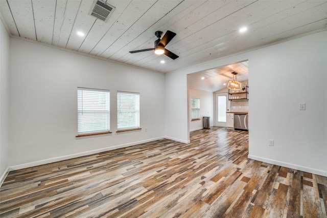 1505 W St, Mckinney, TX 75069 - unfurnished living room featuring wood finished floors, wooden ceiling, recessed lighting, ceiling fan, and a chandelier