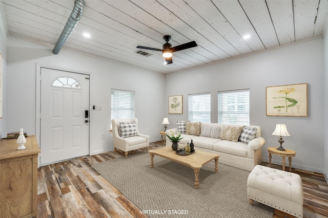 1505 W St, Mckinney, TX 75069 - living area with wood ceiling, healthy amount of natural light, wood finished floors, a ceiling fan, and recessed lighting