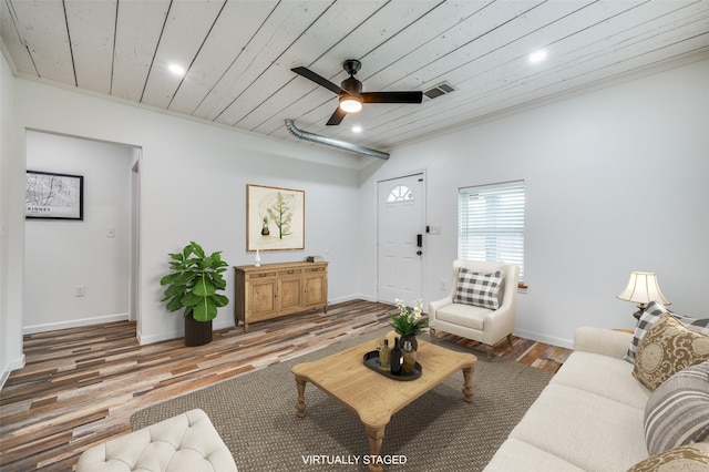 1505 W St, Mckinney, TX 75069 - living area featuring wood finished floors, a ceiling fan, wood ceiling, and recessed lighting