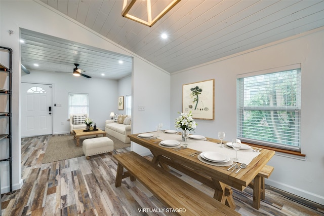 1505 W St, Mckinney, TX 75069 - dining space with lofted ceiling, wood finished floors, recessed lighting, wooden ceiling, and ceiling fan
