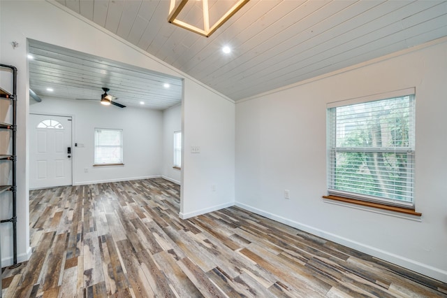 1505 W St, Mckinney, TX 75069 - empty room with vaulted ceiling, wood finished floors, recessed lighting, wood ceiling, and ceiling fan