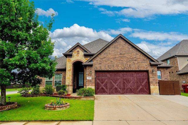 2400 Sabine Cir, Royse City, TX 75189 - view of front of house with brick siding, an attached garage, a shingled roof, driveway, and a front yard