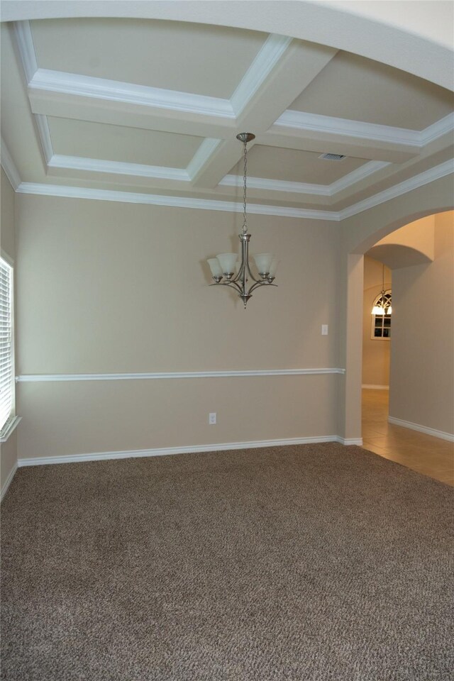2400 Sabine Cir, Royse City, TX 75189 - carpeted spare room featuring ornamental molding, arched walkways, a chandelier, coffered ceiling, and beamed ceiling