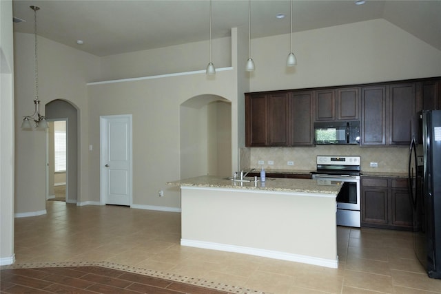 2400 Sabine Cir, Royse City, TX 75189 - kitchen featuring black appliances, arched walkways, high vaulted ceiling, tasteful backsplash, and hanging light fixtures
