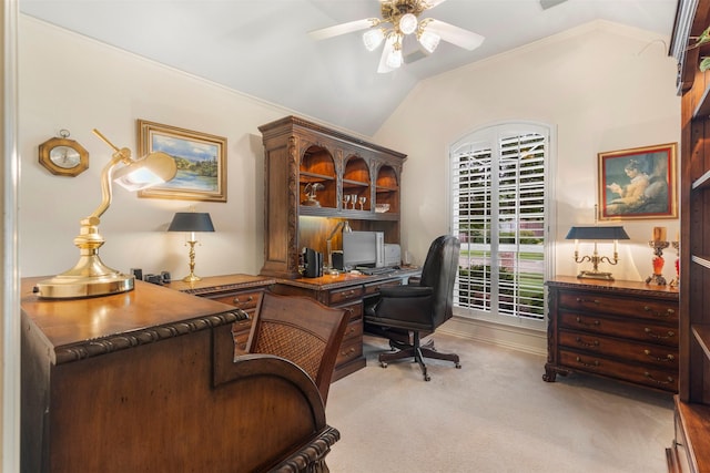 4544 Daffodil Trl, Plano, TX 75093 - office with ceiling fan, carpet, vaulted ceiling, and ornamental molding