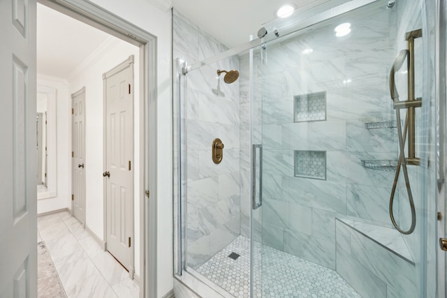 6209 Sierra Ct, Arlington, TX 76016 - bathroom featuring crown molding, a marble finish shower, and marble finish flooring