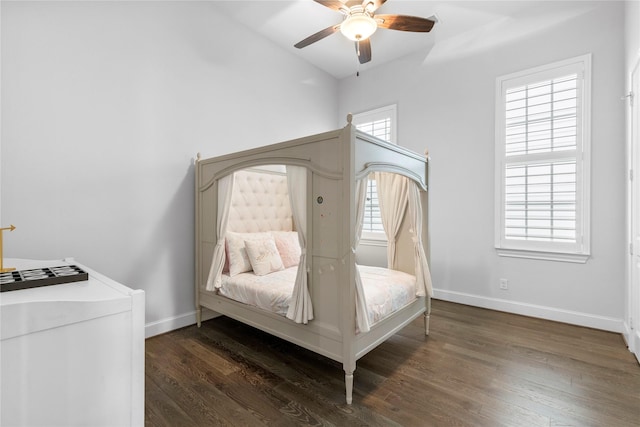 705 Wolcott Ln, Plano, TX 75074 - bedroom with dark wood finished floors, ceiling fan, and vaulted ceiling